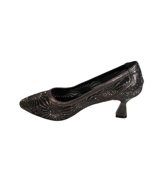 YAZKIŞ Kadın Siyah Platin Tül Kumaş Üzeri Taşlı 6cm Kadeh Topuk Düğün Nişan abiye Ayakkabı - Resim 8