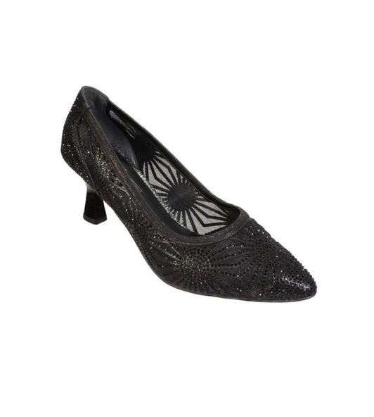 YAZKIŞ Kadın Siyah Platin Tül Kumaş Üzeri Taşlı 6cm Kadeh Topuk Düğün Nişan abiye Ayakkabı - Resim 3