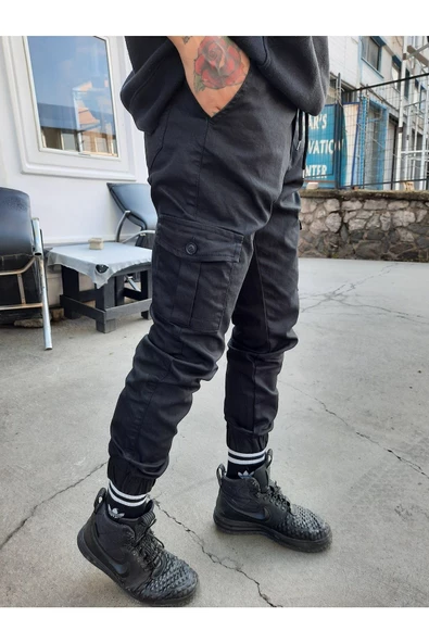 Erkek Siyah Yan Cepli Paça Lastikli Likralı Jogger Pantolon - 8