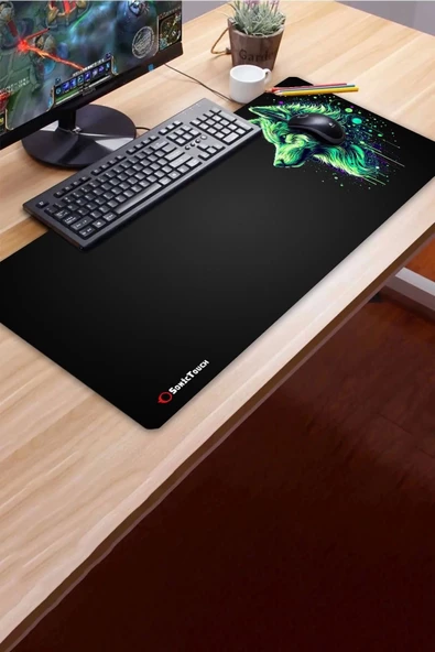 SonicTouch UltraGrand Siyah ve Neon Yeşili Kurt Dikişsiz Xxl Gaming Oyuncu Masaüstü Klavye Mouse Pad 40x90Cm - 3