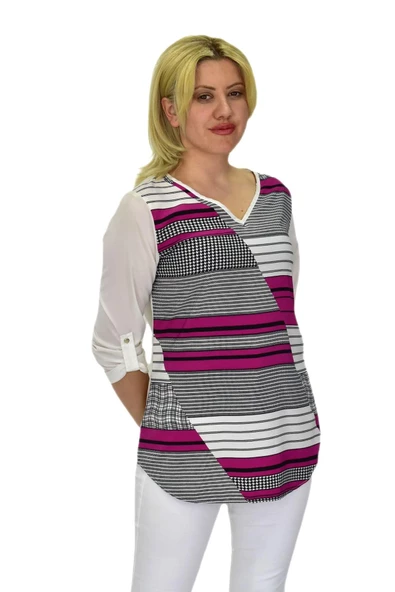 Kadın V Yaka Krep Bluz RY16982 - Resim 4