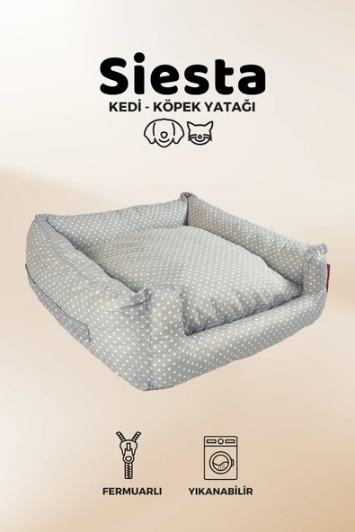 Siesta Kedi Yatağı Ve Köpek Yatağı,Fermuarlı 55x60x23 Gri Puantiyeli