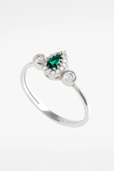 Mini Setler Serisi Zirkon Yeşim Taşlı Damla Gümüş Kadın Yüzük - 2