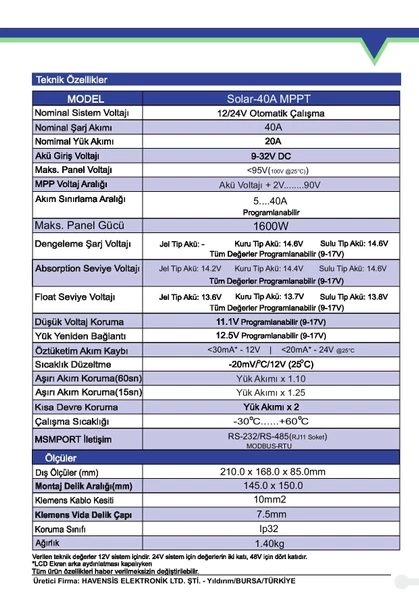 Havensis 40 Ah Mppt 12/24 V Solar Şarj Kontrol Cihazı - Resim 6