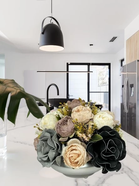 Nettenevime Yapay Çiçek Aranjmanı Büyük Boy Gri Siyah Pudra Tonlar Gümüş Metal Vazolu Arajman Nişan Kız İsteme Çiçeği - Resim 2