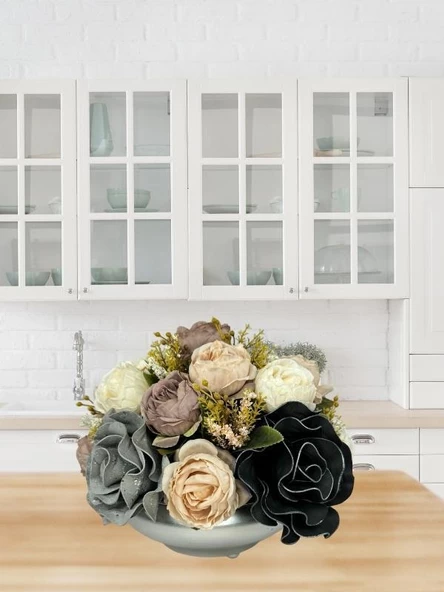 Nettenevime Yapay Çiçek Aranjmanı Büyük Boy Gri Siyah Pudra Tonlar Gümüş Metal Vazolu Arajman Nişan Kız İsteme Çiçeği - Resim 3