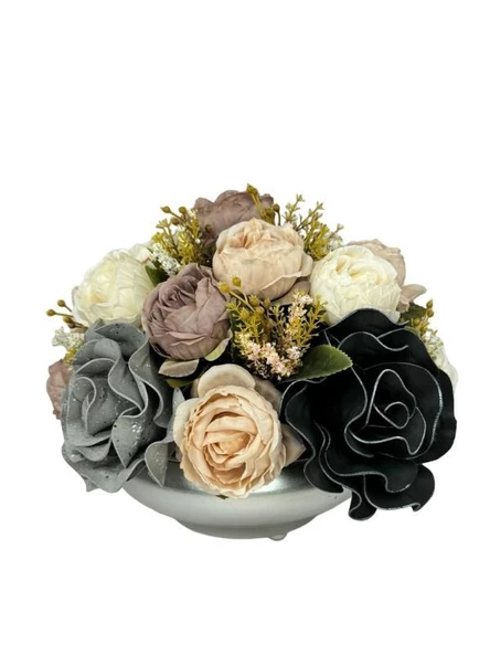 Nettenevime Yapay Çiçek Aranjmanı Büyük Boy Gri Siyah Pudra Tonlar Gümüş Metal Vazolu Arajman Nişan Kız İsteme Çiçeği ürün görseli