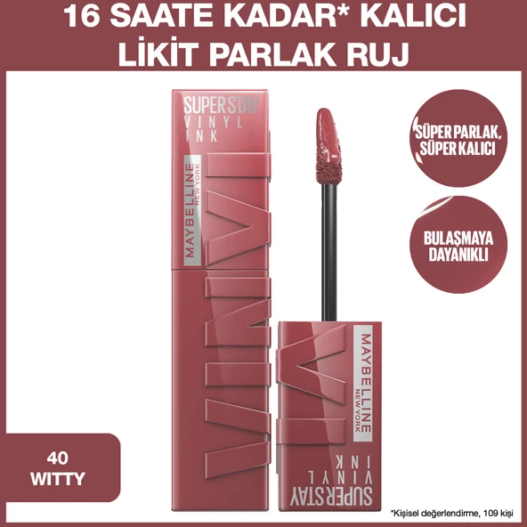 Maybelline New York Super Stay Vinyl Ink Uzun Süre Kalıcı Likit Parlak Ruj 40 Witty