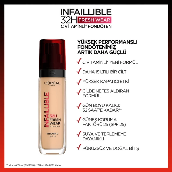 L'Oréal Paris Infaillible 32H Fresh Wear C Vitaminli Fondöten - 130 True Beige - 4