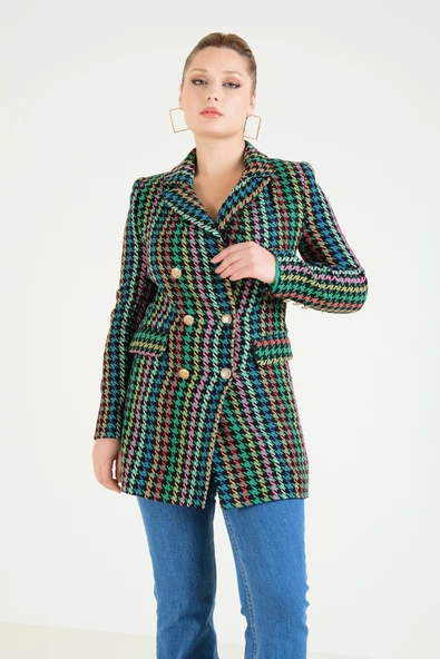 Kadın Kazayağı Desenli Metal Düğme Detaylı Ceket Yeşil - 6