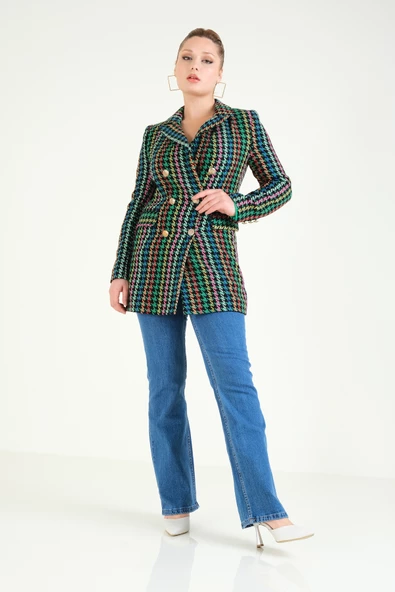 Kadın Kazayağı Desenli Metal Düğme Detaylı Ceket Yeşil