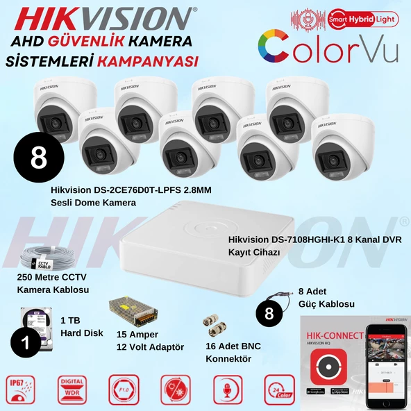 Hikvision Sesli Smart Hybrid Light AHD 8 Adet Dome Kamera 2 Mp Güvenlik Kamera Seti