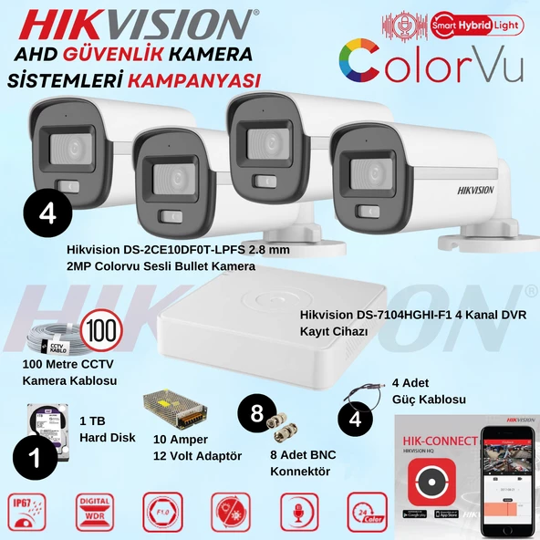 Hikvision Sesli Smart Hybrid Light AHD 4 Adet Bullet 2 Mp Güvenlik Kamera Seti