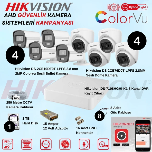 Hikvision Sesli Smart Hybrid Light AHD 4 Adet Bullet 4 Adet Dome Kamera 2 Mp Güvenlik Kamera Seti