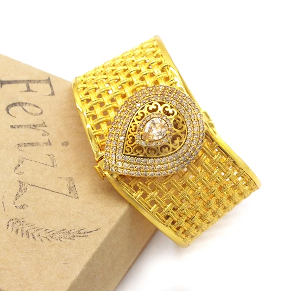 İmitasyon Trabzon Hasırı Altın Kaplama Taşlı Sepet Örgü Kelepçe BLZ-599 - 4