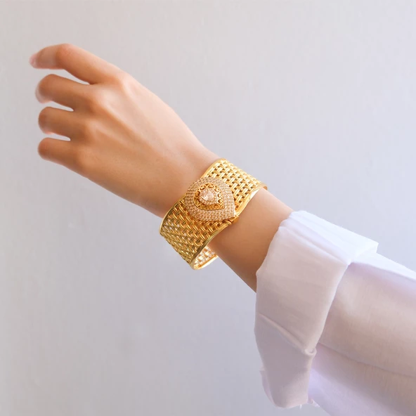 İmitasyon Trabzon Hasırı Altın Kaplama Taşlı Sepet Örgü Kelepçe BLZ-599 - 2