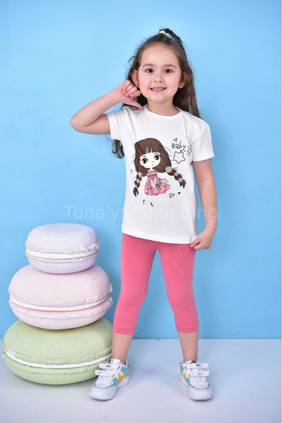 Kız Çocuk Baby Baskılı Kapri Tayt Tshirt %100 Pamuk Alt Üst Takım (DNcpTXkbOa)