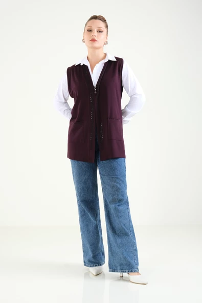 Kadın Üç Düğmeli Penye Hırka Mürdüm - 4