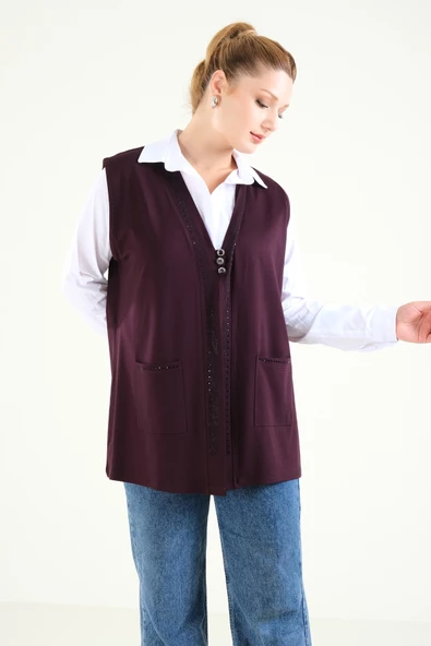 Kadın Üç Düğmeli Penye Hırka Mürdüm - 2