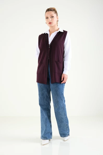 Kadın Üç Düğmeli Penye Hırka Mürdüm - 3