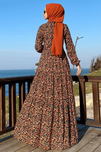 Güzide Yaprak Desenli Elbise Turuncu - Resim 2