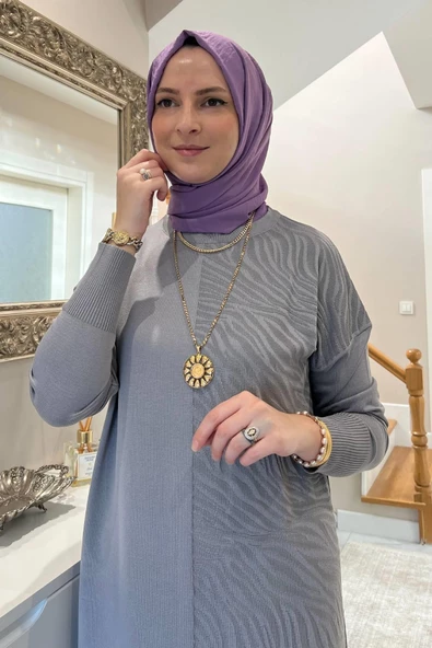 Zebra Desen Triko Elbise Gri - Resim 5