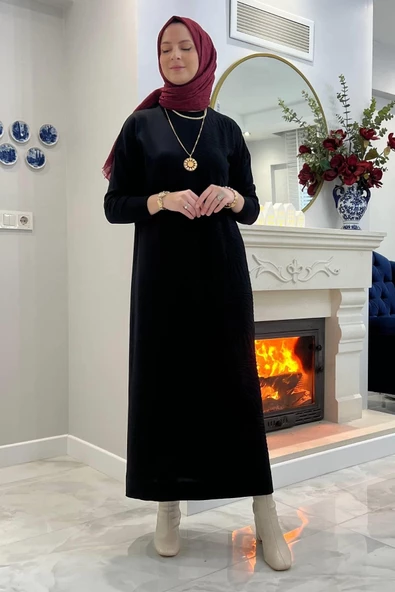 Zebra Desen Triko Elbise Siyah - Resim 5