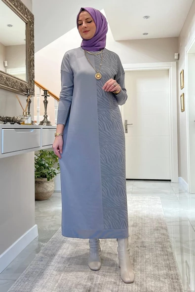 Zebra Desen Triko Elbise Gri - Resim 3