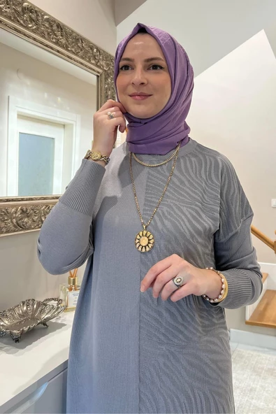 Zebra Desen Triko Elbise Gri - Resim 2