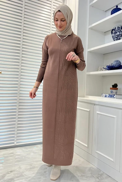 Zebra Desen Triko Elbise Sütlü Kahve - Resim 4