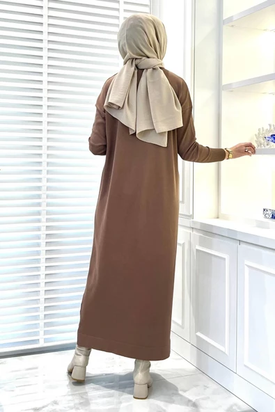 Zebra Desen Triko Elbise Sütlü Kahve - Resim 5