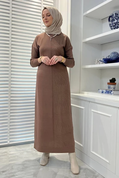 Zebra Desen Triko Elbise Sütlü Kahve - Resim 6