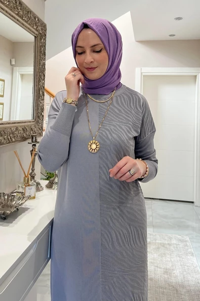 Zebra Desen Triko Elbise Gri - Resim 7