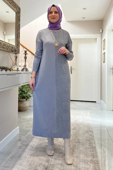 Zebra Desen Triko Elbise Gri - Resim 4