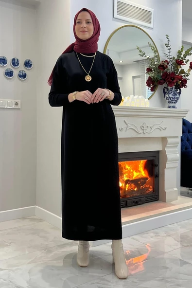 Zebra Desen Triko Elbise Siyah - Resim 7