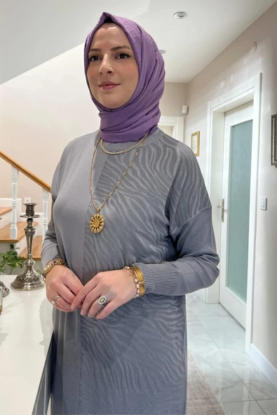 Zebra Desen Triko Elbise Gri - Resim 8