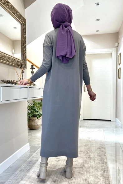 Zebra Desen Triko Elbise Gri - Resim 9