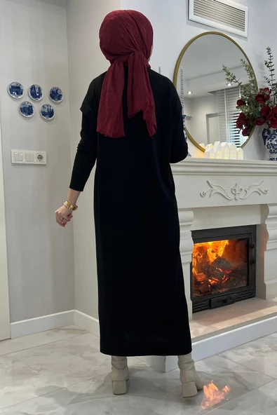 Zebra Desen Triko Elbise Siyah - Resim 6