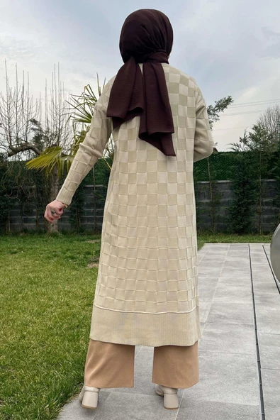 Dama Desenli Taş Triko Hırka - 11