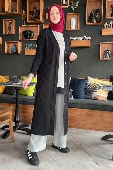 Dama Desenli Siyah Triko Hırka - Resim 7