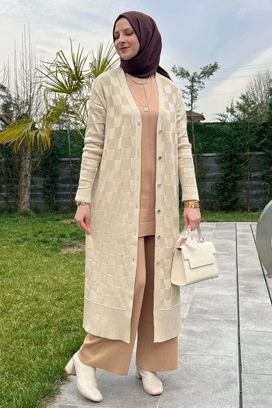Dama Desenli Taş Triko Hırka - 10