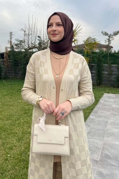 Dama Desenli Taş Triko Hırka - 7