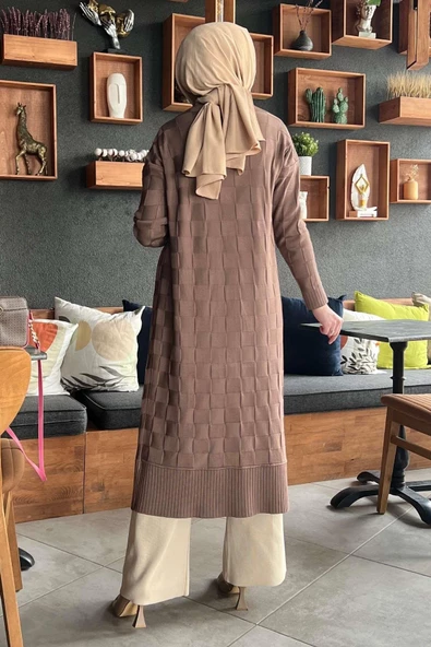 Dama Desenli Sütlü Kahve Triko Hırka - 5