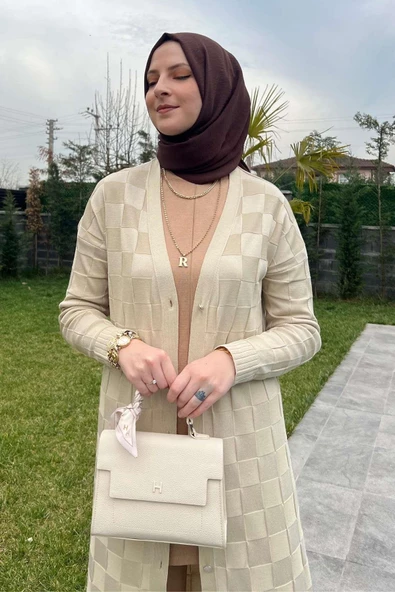 Dama Desenli Taş Triko Hırka - 6