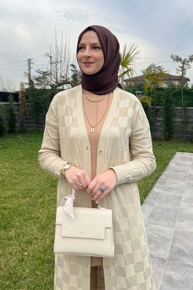 Dama Desenli Taş Triko Hırka - 2