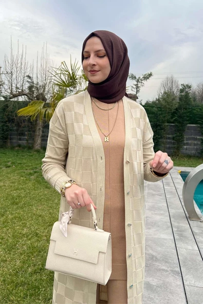Dama Desenli Taş Triko Hırka - 8