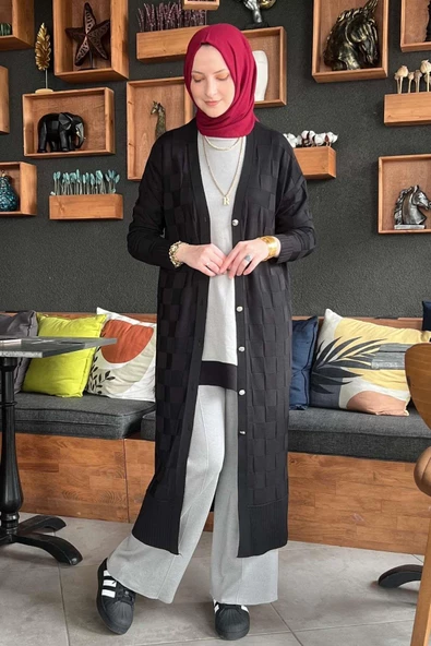 Dama Desenli Siyah Triko Hırka - Resim 6