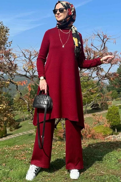 Işıl Pantolonlu Triko Takım Bordo - 9