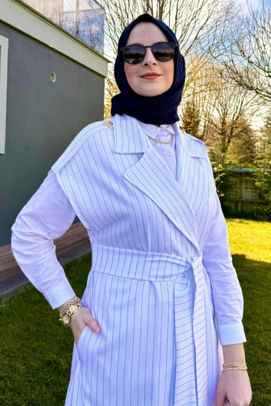 Apoletli Çizgili Takım Beyaz - 8