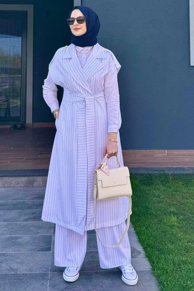 Apoletli Çizgili Takım Beyaz - 4